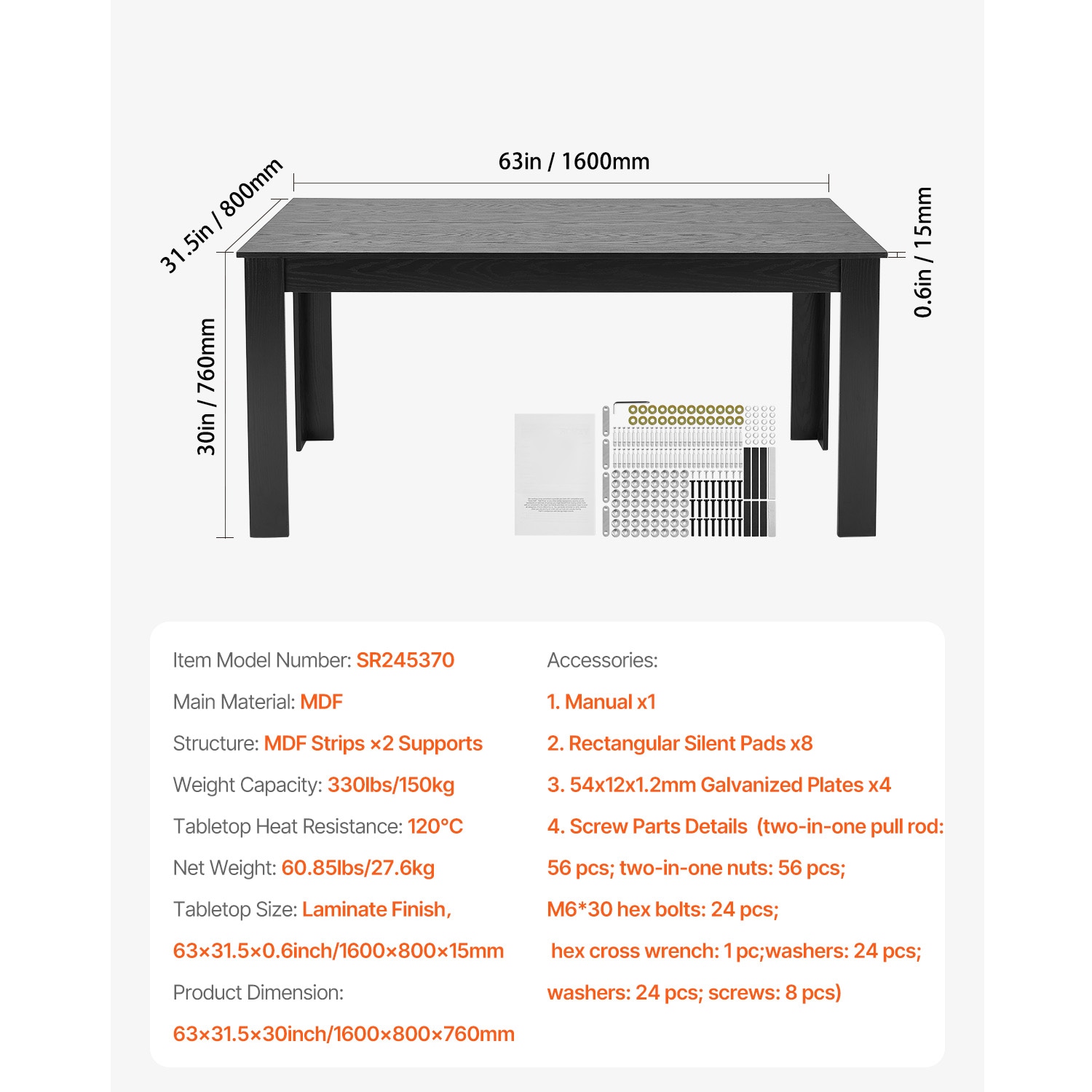 63in Rectangle Dining Table Wood Kitchen Table For 4-6 Person Black (Only Table)_voghion.com